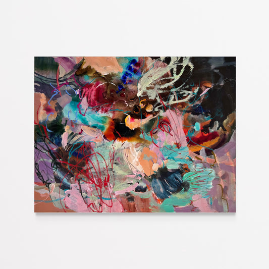 Landscape view of Suspended in Possibility by Anna Rolskaya, an abstract painting in turquoise, pink, burgundy and charcoal.