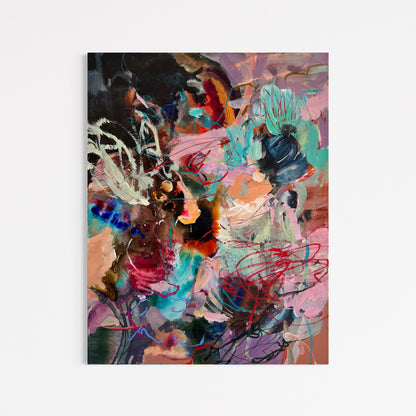 Portrait view of Suspended in Possibility by Anna Rolskaya, with layered turquoise, pink, peach and dark abstract forms.