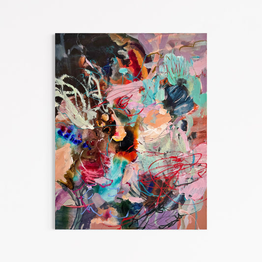Portrait view of Suspended in Possibility by Anna Rolskaya, with layered turquoise, pink, peach and dark abstract forms.