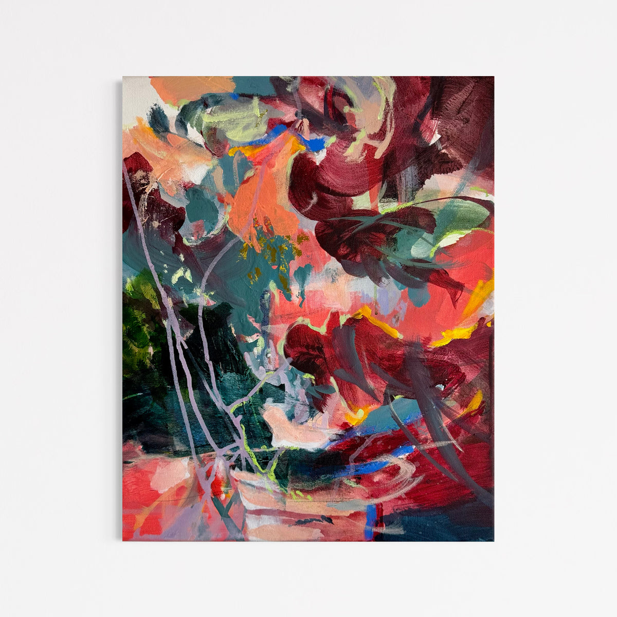 The Capability of Not Knowing 02 by Anna Rolskaya, an abstract painting in coral, teal, green, burgundy, blue and orange.