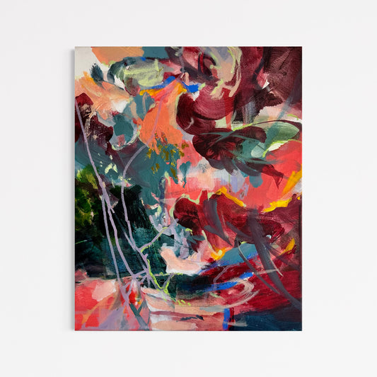 The Capability of Not Knowing 02 by Anna Rolskaya, an abstract painting in coral, teal, green, burgundy, blue and orange.