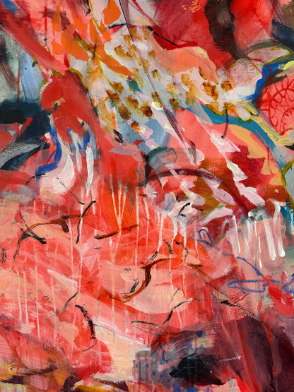 Detail of layered acrylic, oil pastel lines and expressive coral, red and blue brushwork in The Capability of Not Knowing.