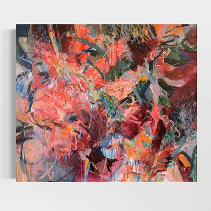 The Capability of Not Knowing by Anna Rolskaya, a large abstract painting in coral, pink, green, blue and charcoal.