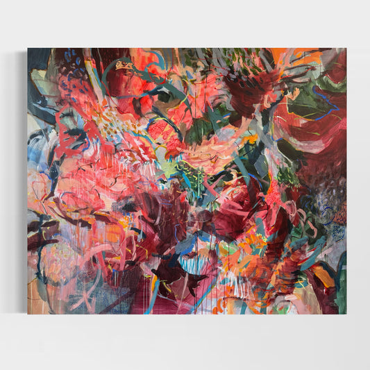 The Capability of Not Knowing by Anna Rolskaya, a large abstract painting in coral, pink, green, blue and charcoal.