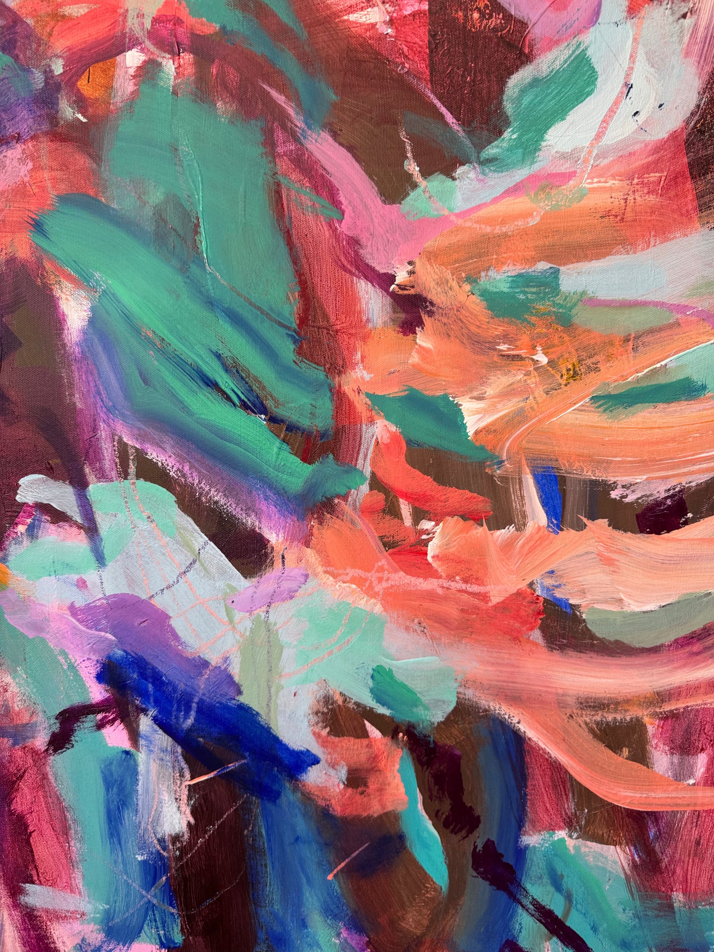 Detail of layered acrylic, oil pastel lines and overlapping colour in The Day We Forgot the Rules by Anna Rolskaya.