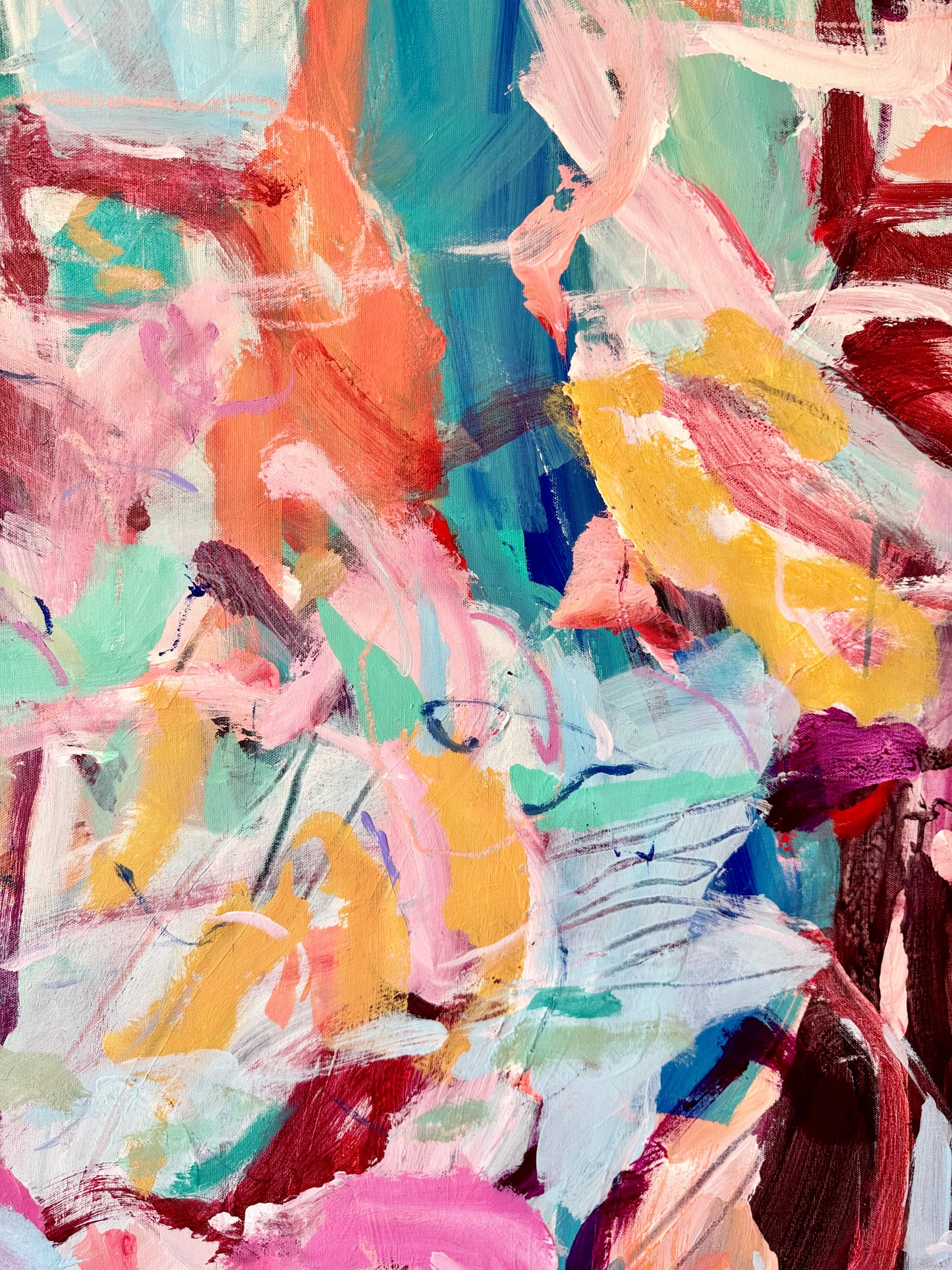 Detail of layered acrylic, oil pastel lines and overlapping colour in The Day We Forgot the Rules by Anna Rolskaya.