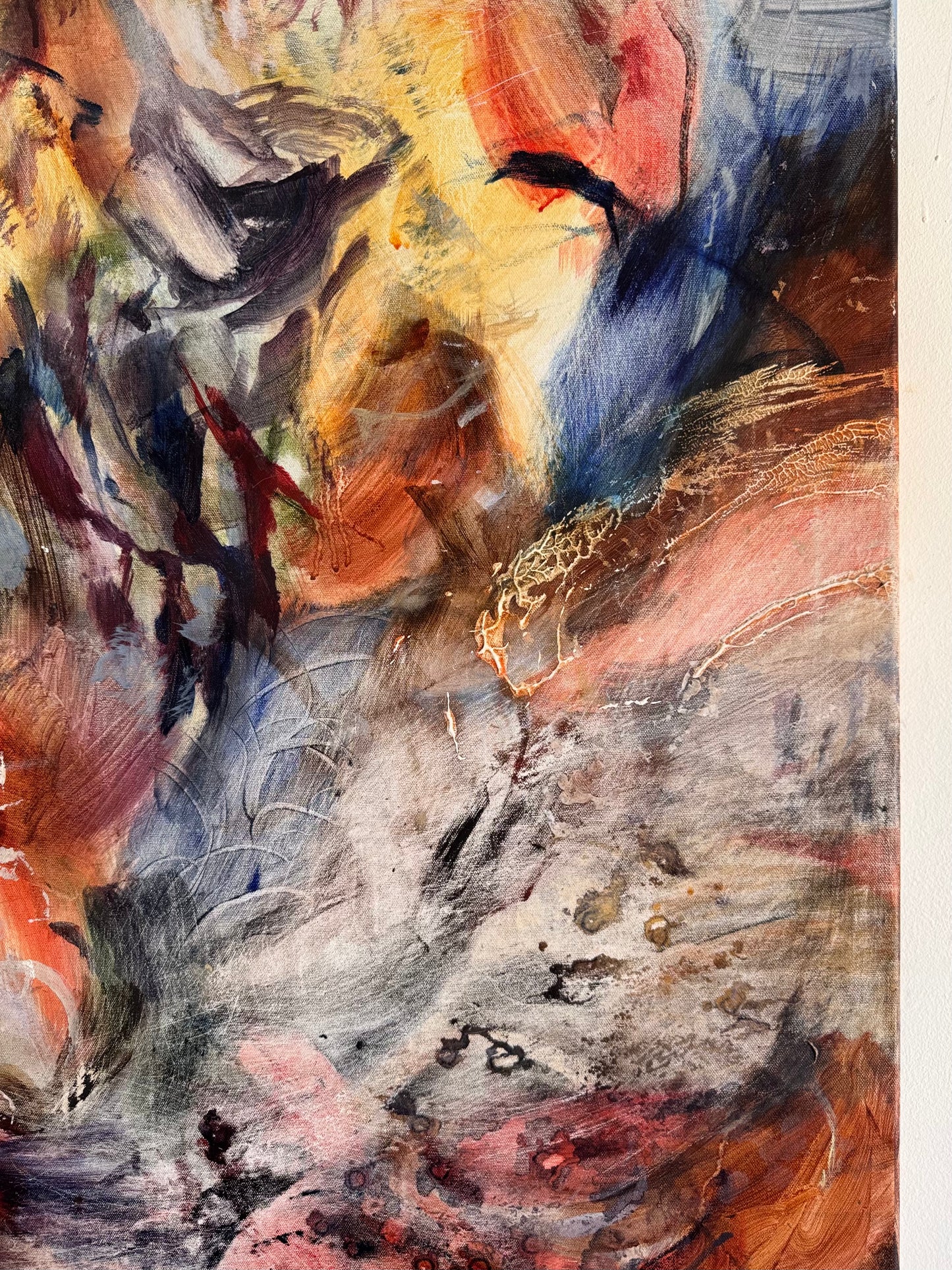 Detail of layered brushwork, oil pastel marks and drips in The Necessary Condition by Anna Rolskaya.
