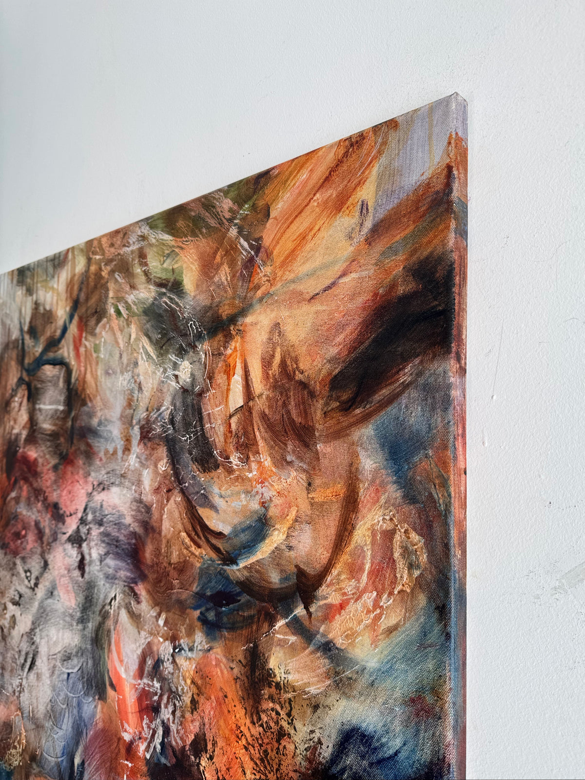Detail of layered brushwork, oil pastel marks and drips in The Necessary Condition by Anna Rolskaya.