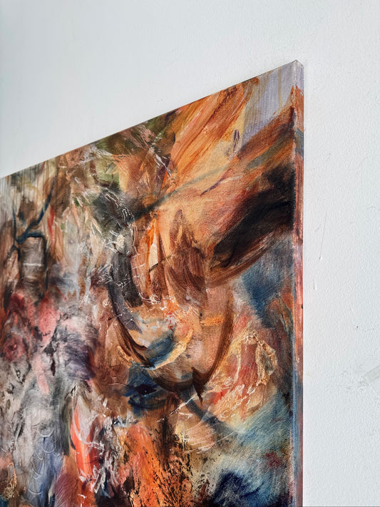 Detail of layered brushwork, oil pastel marks and drips in The Necessary Condition by Anna Rolskaya.