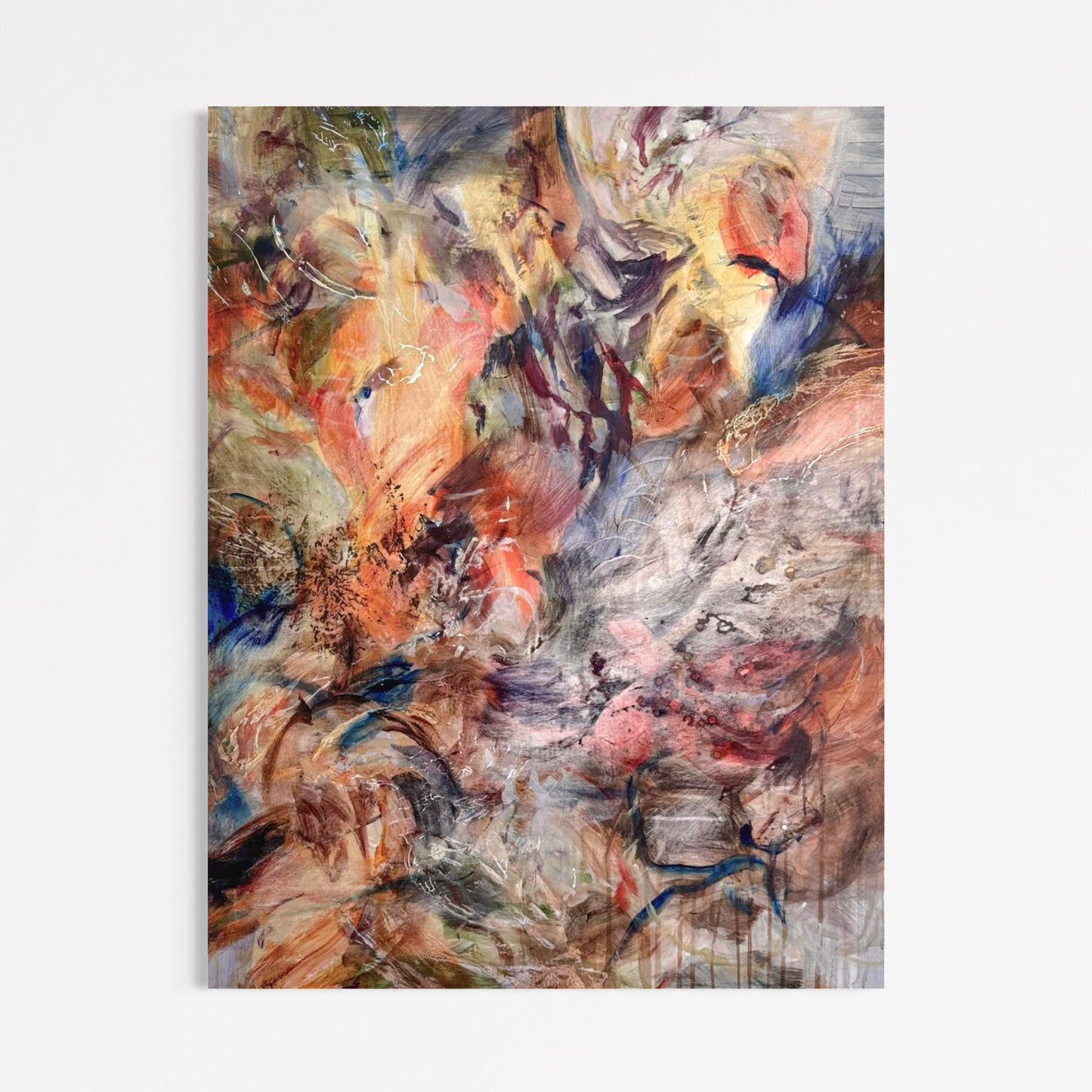 Portrait view of The Necessary Condition by Anna Rolskaya, a layered abstract painting in ochre, coral, olive, blue, charcoal and white.
