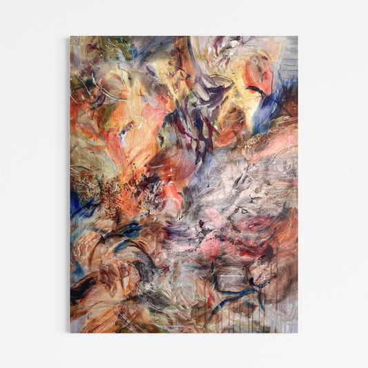 Portrait view of The Necessary Condition by Anna Rolskaya, a layered abstract painting in ochre, coral, olive, blue, charcoal and white.
