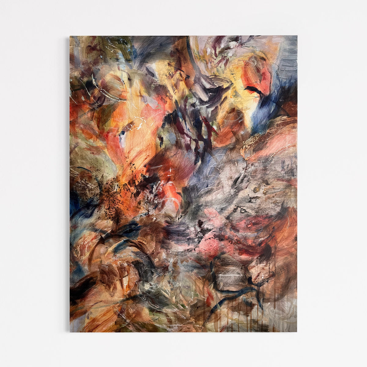 Portrait view of The Necessary Condition by Anna Rolskaya, a layered abstract painting in ochre, coral, olive, blue, charcoal and white.
