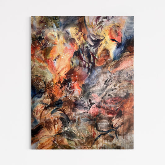 Portrait view of The Necessary Condition by Anna Rolskaya, a layered abstract painting in ochre, coral, olive, blue, charcoal and white.
