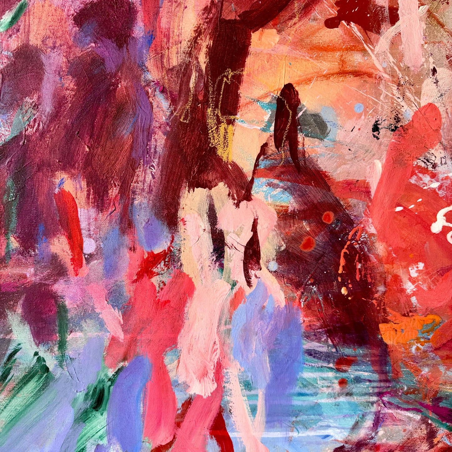 Detail of layered acrylic brushwork, fluid lines and overlapping colour in The Quiet Between Heartbeats by Anna Rolskaya.