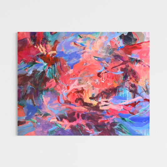 Landscape view of The Quiet Between Heartbeats by Anna Rolskaya, an abstract painting in coral, pink, blue and turquoise.