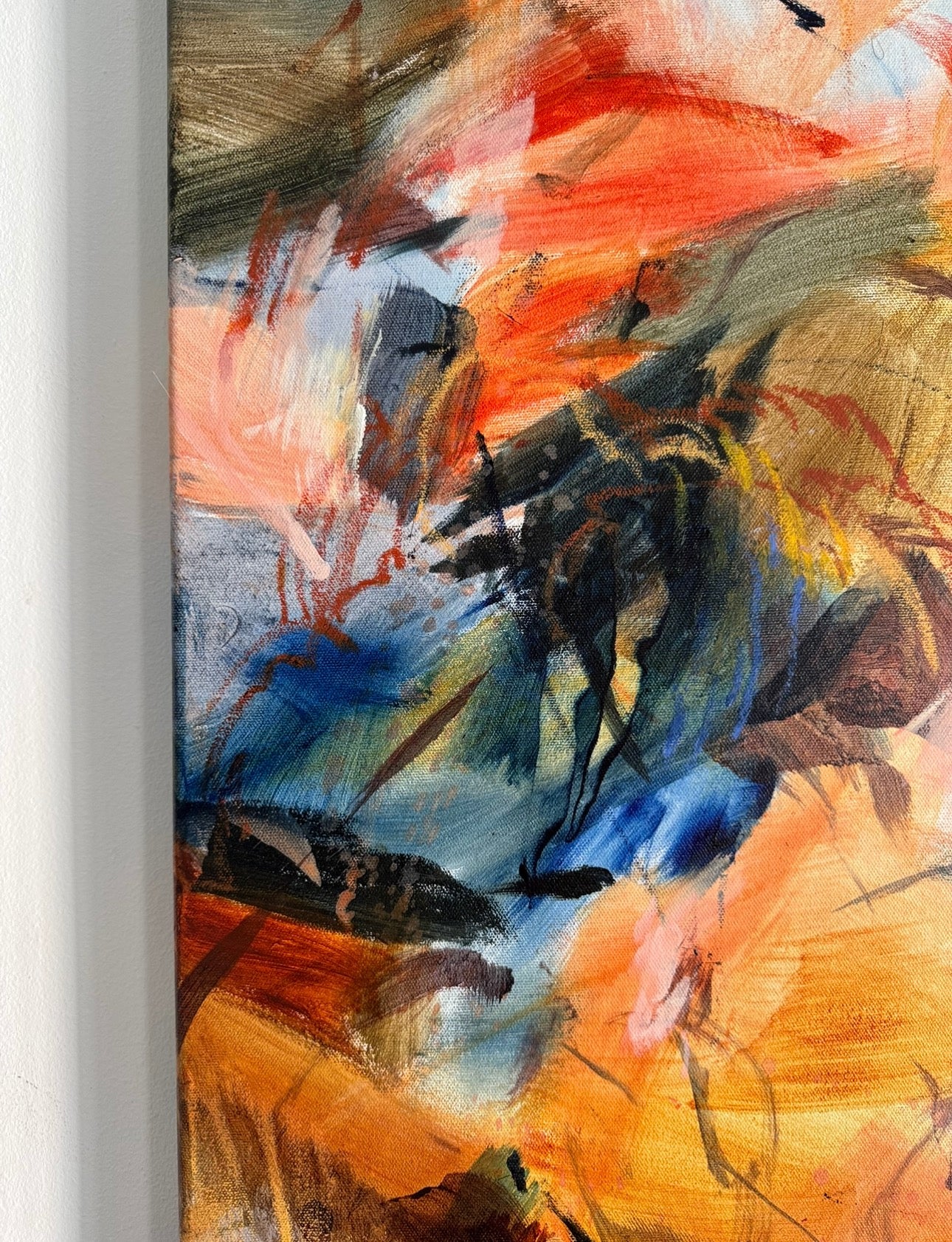 Detail of This Is How I Feel In Color 03 by Anna Rolskaya, showing layered orange, blue, olive and black brushwork with gestural lines.