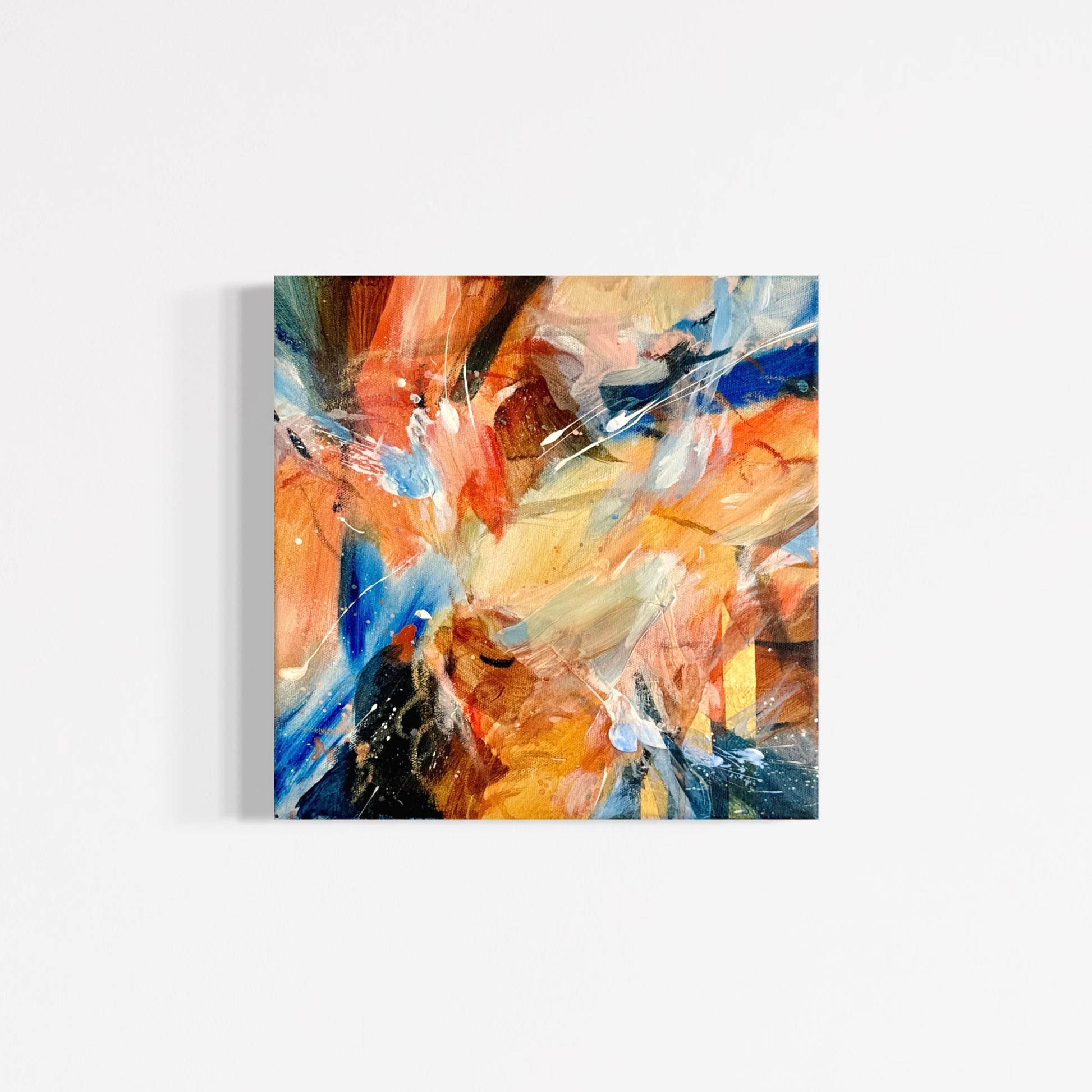 Full view of This Is How I Feel In Color 04 by Anna Rolskaya, a 30 × 30 cm original abstract painting in orange, ochre, cream, cobalt blue, brown and black.