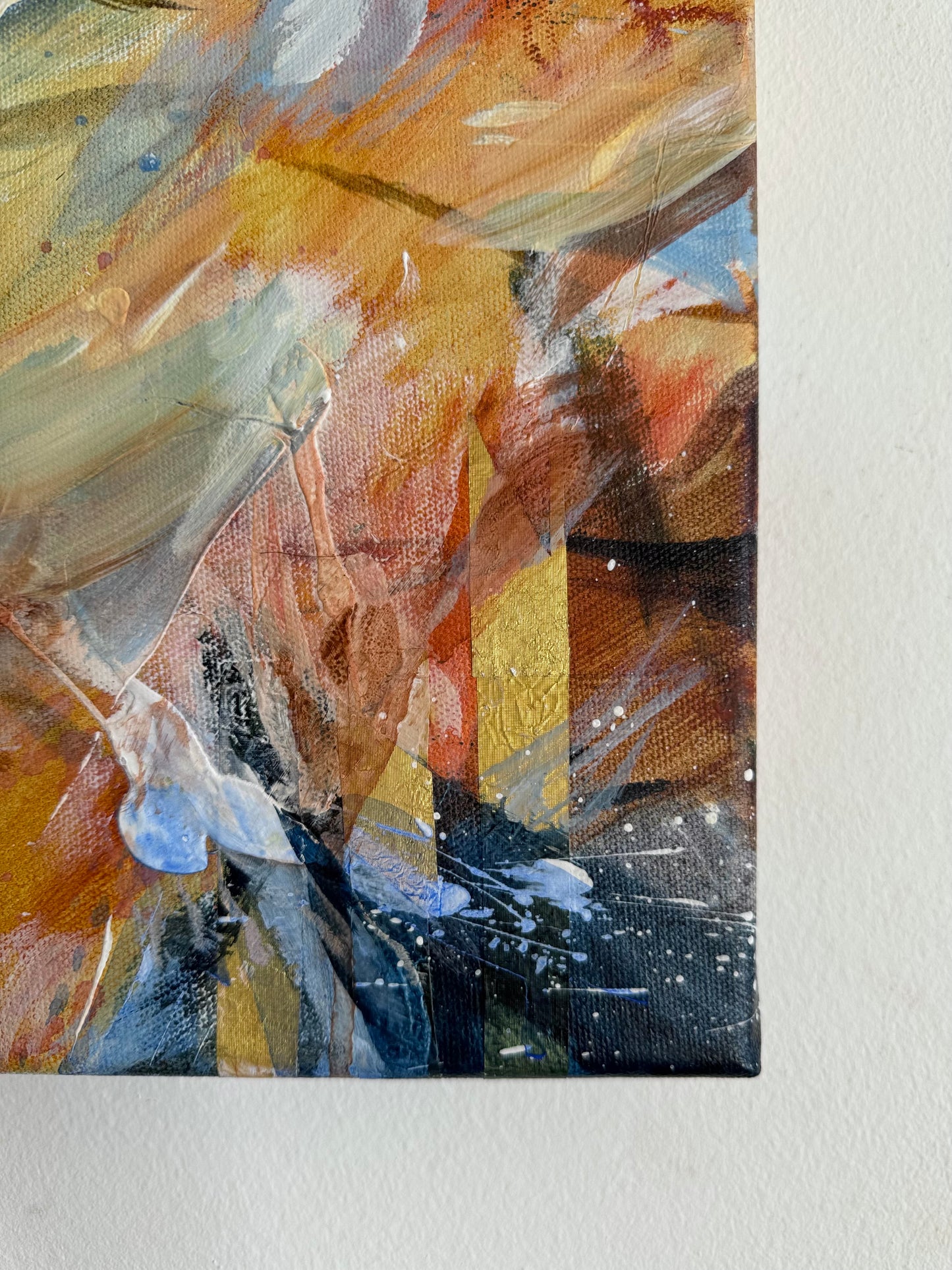 Detail of layered brushstrokes, fine white marks and ochre, pale blue, brown, golden-yellow and black passages in This Is How I Feel In Color 04 by Anna Rolskaya.