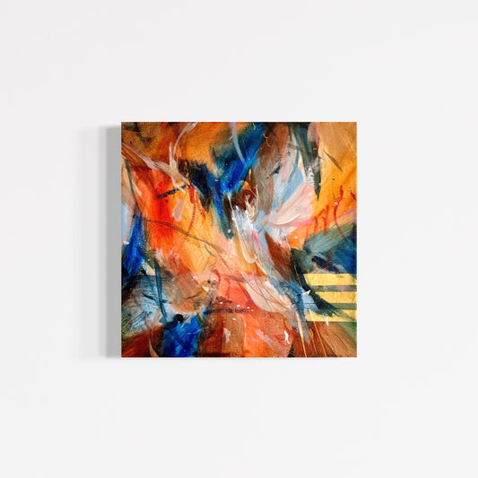 Full view of This Is How I Feel In Color 05, an original abstract painting by Anna Rolskaya in orange, cobalt blue, teal, pink, and gold.