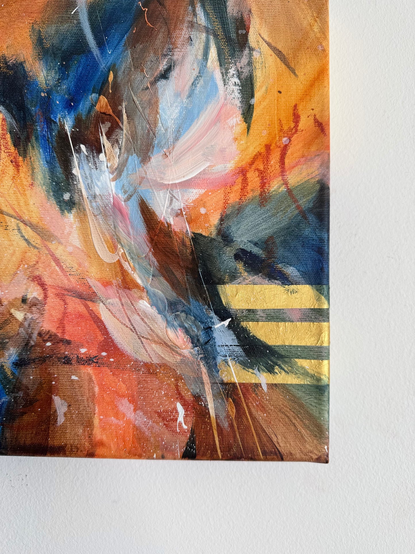 Detail of This Is How I Feel In Color 05 by Anna Rolskaya, showing layered orange, blue, teal and pink brushstrokes with golden accents.