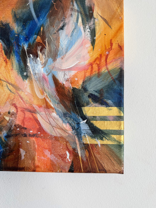 Detail of This Is How I Feel In Color 05 by Anna Rolskaya, showing layered orange, blue, teal and pink brushstrokes with golden accents.