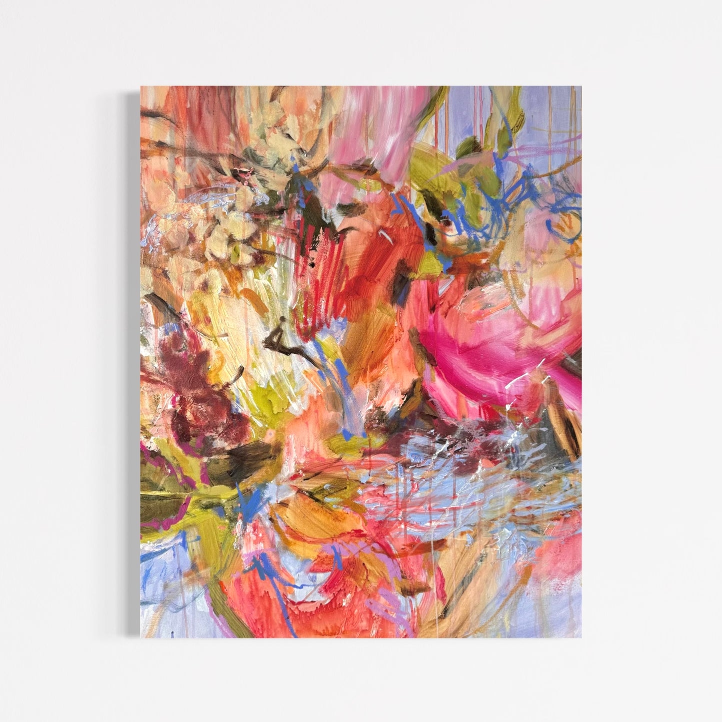To Live Inside Color by Anna Rolskaya, an abstract acrylic and oil pastel painting in coral, pink, blue, olive and violet.