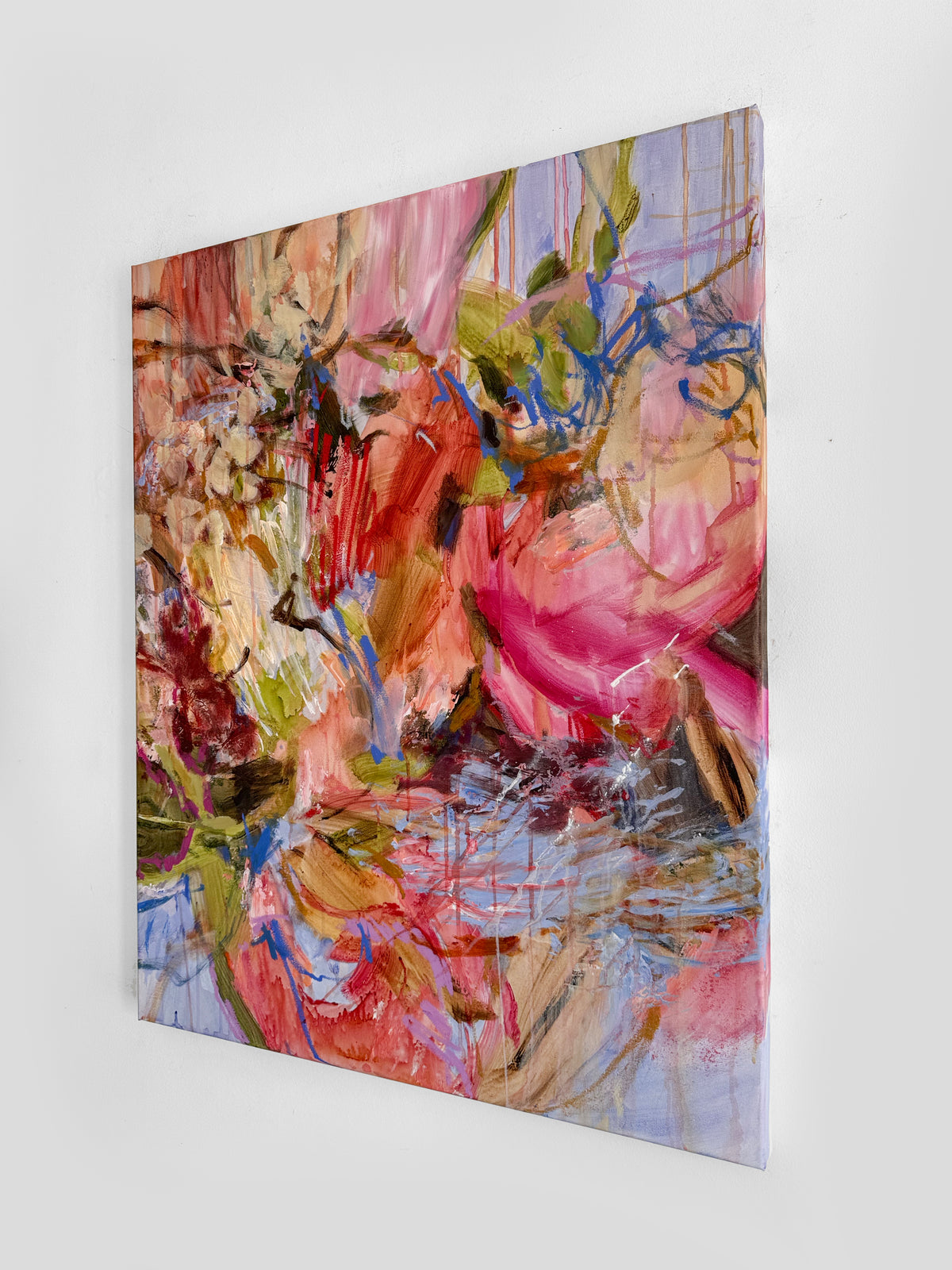 To Live Inside Color by Anna Rolskaya, an abstract acrylic and oil pastel painting in coral, pink, blue, olive and violet.