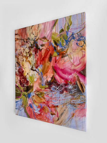To Live Inside Color by Anna Rolskaya, an abstract acrylic and oil pastel painting in coral, pink, blue, olive and violet.