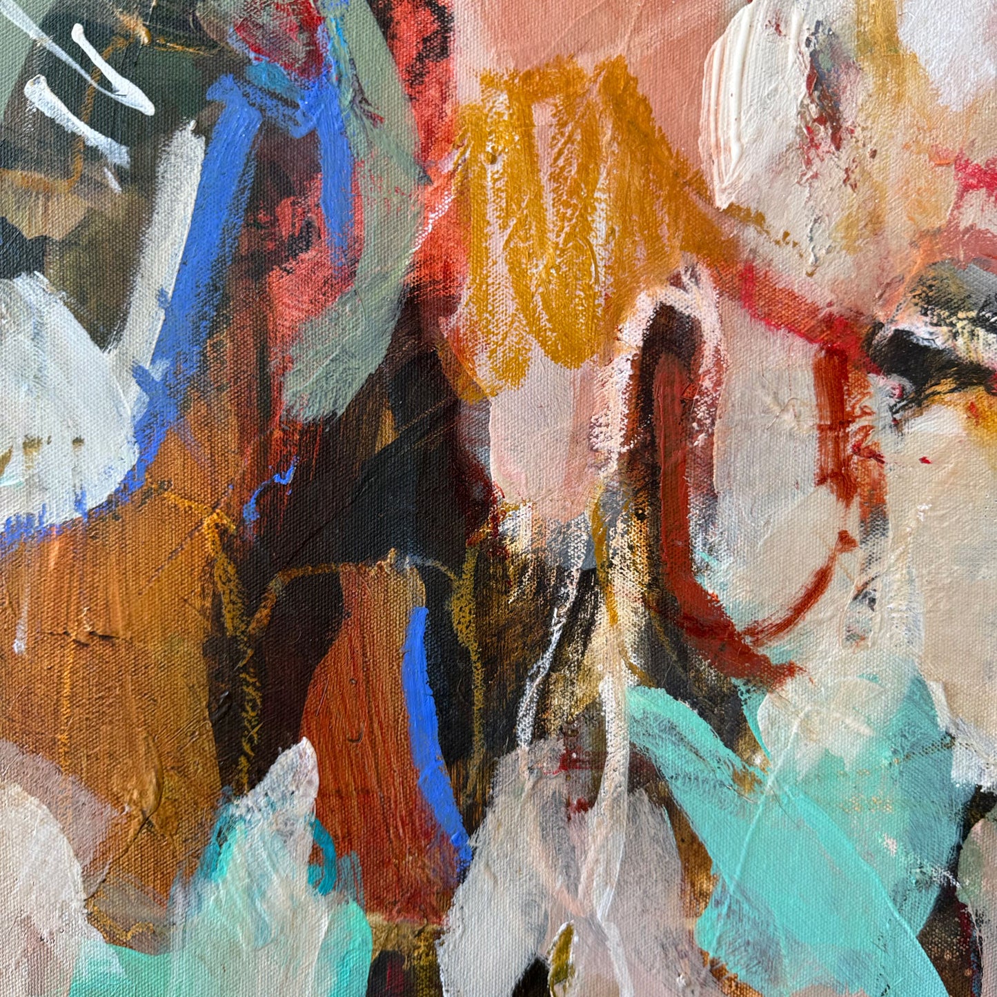 Detail of layered acrylic, oil pastel lines and overlapping organic forms in Touch Me Like Spring by Anna Rolskaya.