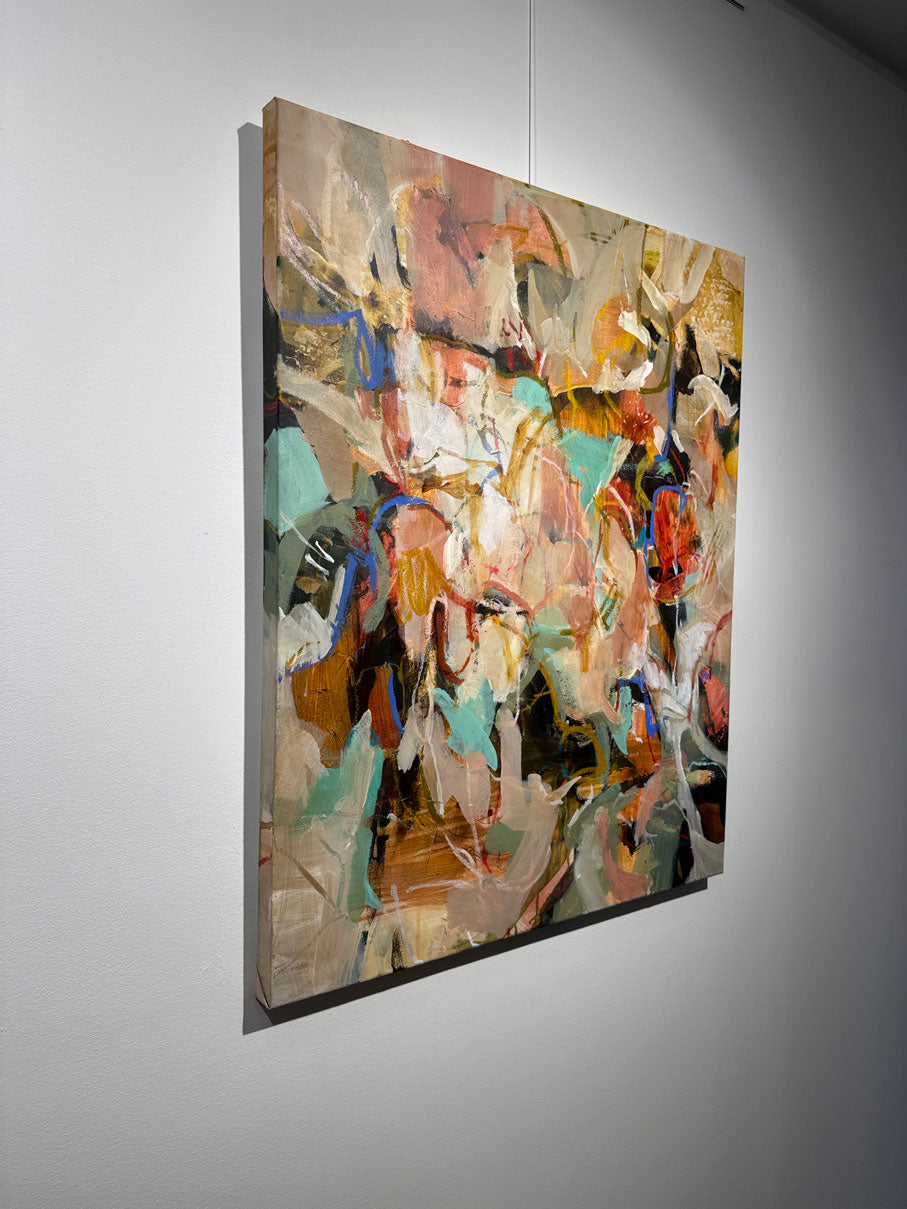 Touch Me Like Spring by Anna Rolskaya, an abstract painting in ochre, turquoise, orange, blue, cream and coral.
