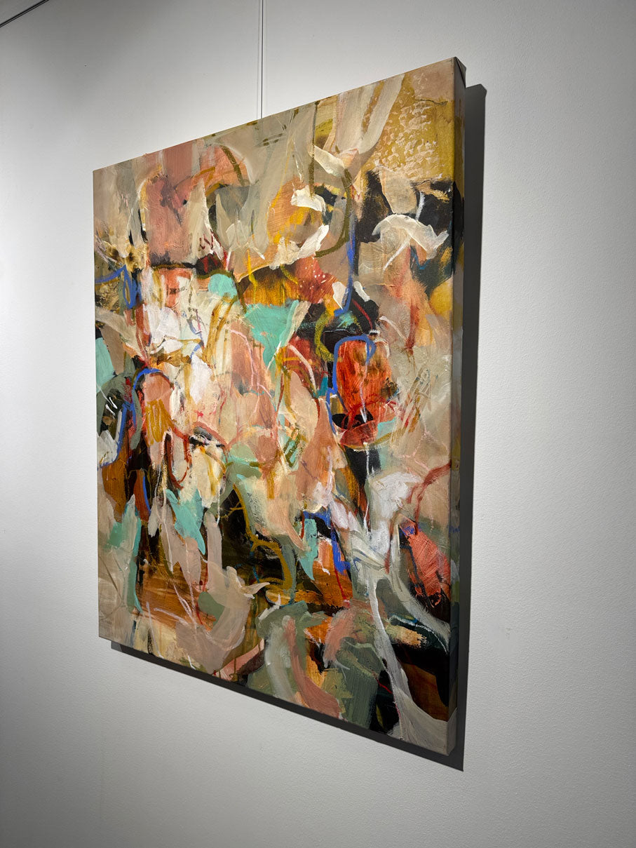 Touch Me Like Spring by Anna Rolskaya, an abstract painting in ochre, turquoise, orange, blue, cream and coral.