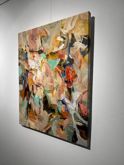 Touch Me Like Spring by Anna Rolskaya, an abstract painting in ochre, turquoise, orange, blue, cream and coral.