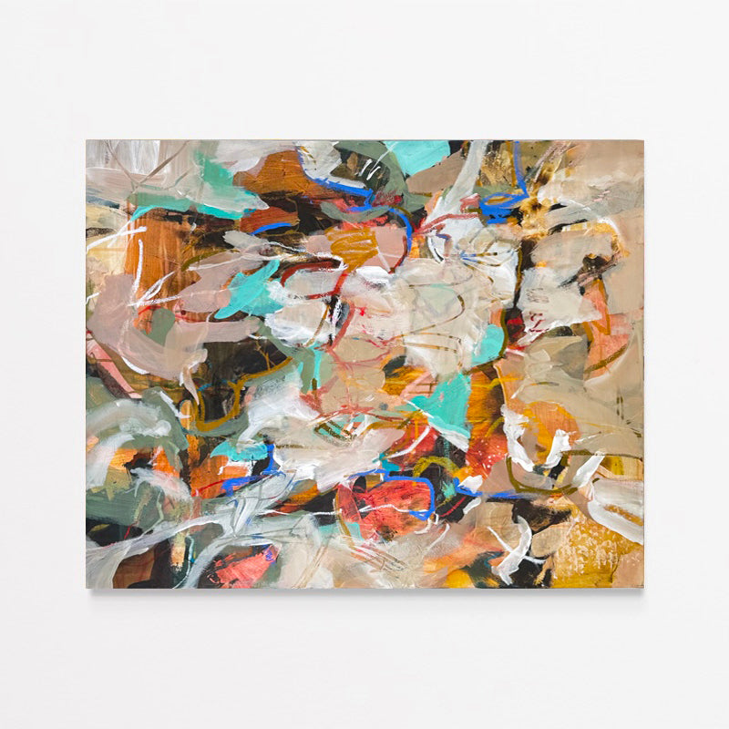 Touch Me Like Spring by Anna Rolskaya, an abstract painting in ochre, turquoise, orange, blue, cream and coral.