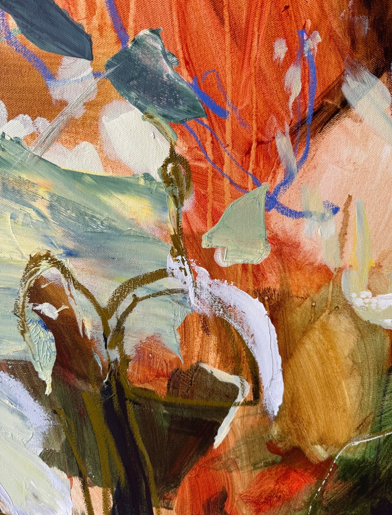 Detail of layered acrylic brushwork, drawn lines and fragmented botanical forms in Unfolding, Still by Anna Rolskaya.