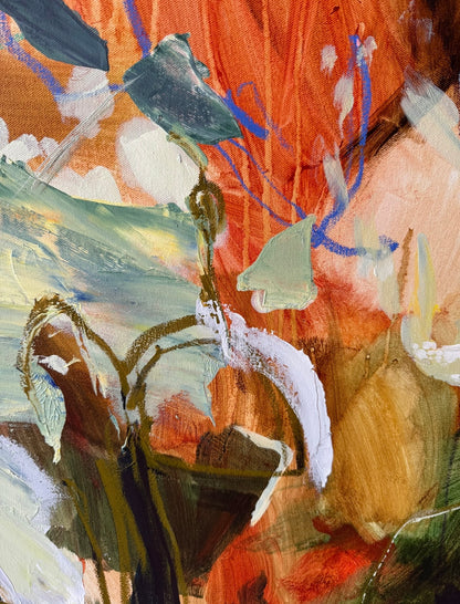 Detail of layered acrylic brushwork, drawn lines and fragmented botanical forms in Unfolding, Still by Anna Rolskaya.