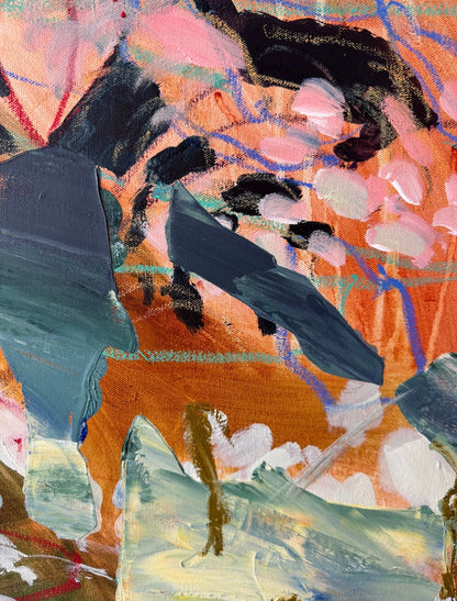 Detail of layered acrylic brushwork, drawn lines and fragmented botanical forms in Unfolding, Still by Anna Rolskaya.
