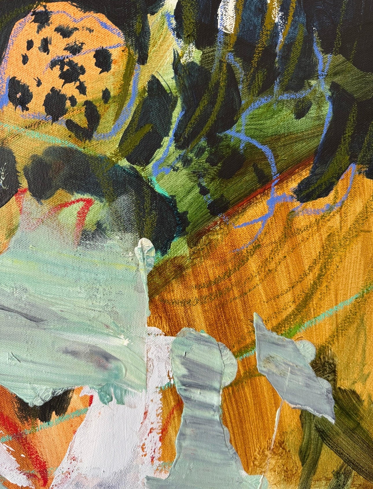 Detail of layered acrylic brushwork, drawn lines and fragmented botanical forms in Unfolding, Still by Anna Rolskaya.
