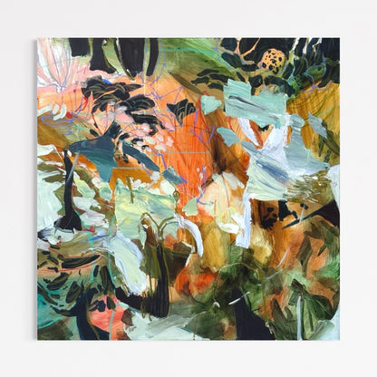 Unfolding, Still by Anna Rolskaya, a square abstract acrylic painting in orange, olive, mint, pale blue and charcoal.