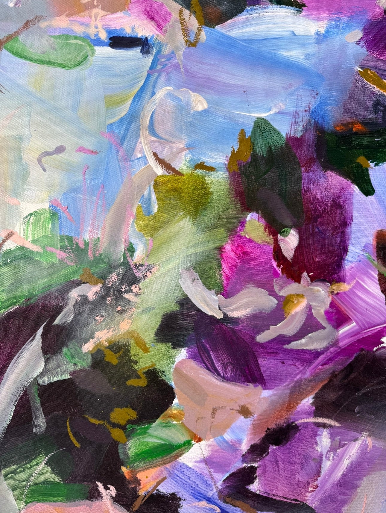 Detail of layered colour, expressive brushwork and fragmented organic forms in Unnamed Season by Anna Rolskaya.