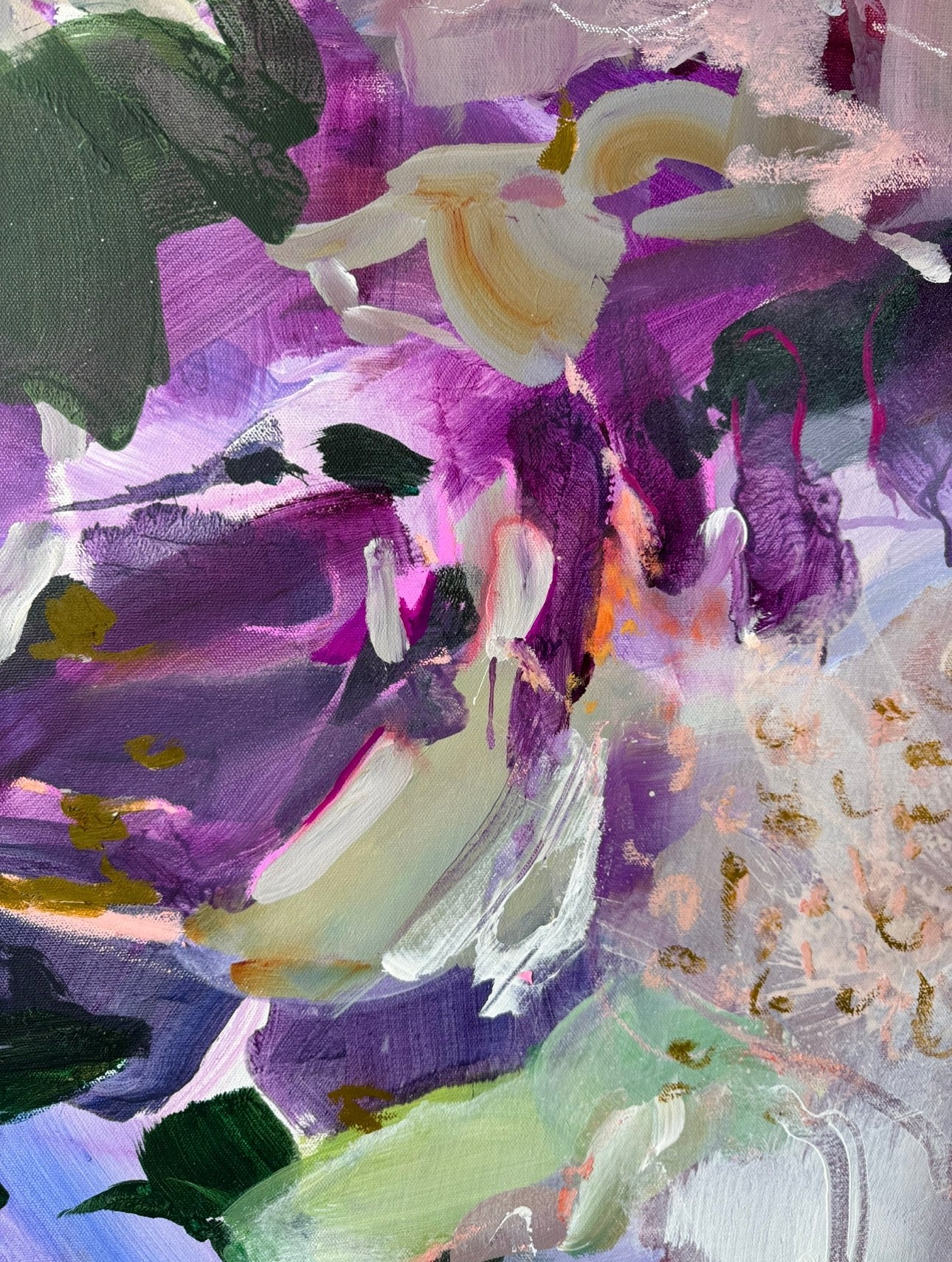 Detail of layered colour, expressive brushwork and fragmented organic forms in Unnamed Season by Anna Rolskaya.