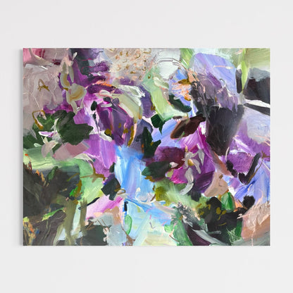 Landscape view of Unnamed Season by Anna Rolskaya, showing layered brushwork, organic forms and shifting violet and green tones.