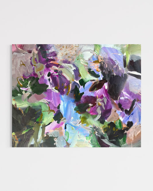 Landscape view of Unnamed Season by Anna Rolskaya, showing layered brushwork, organic forms and shifting violet and green tones.