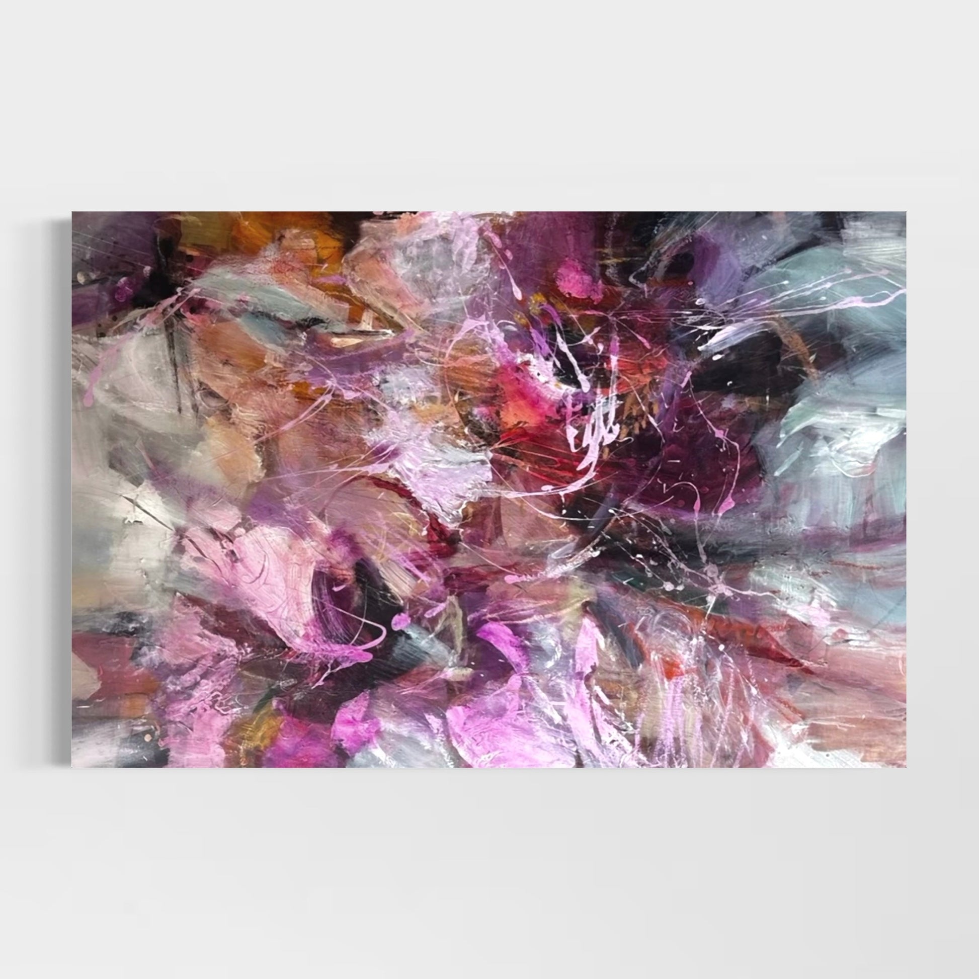 Vivid Memories by Anna Rolskaya, a large abstract painting in pink, burgundy, plum, grey and muted apricot.
