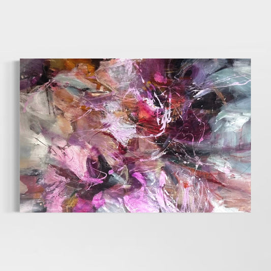 Vivid Memories by Anna Rolskaya, a large abstract painting in pink, burgundy, plum, grey and muted apricot.