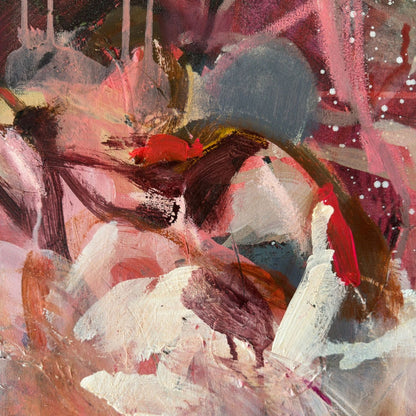Detail of layered acrylic brushwork, loose lines and overlapping pink forms in What If We Bloomed Forever?