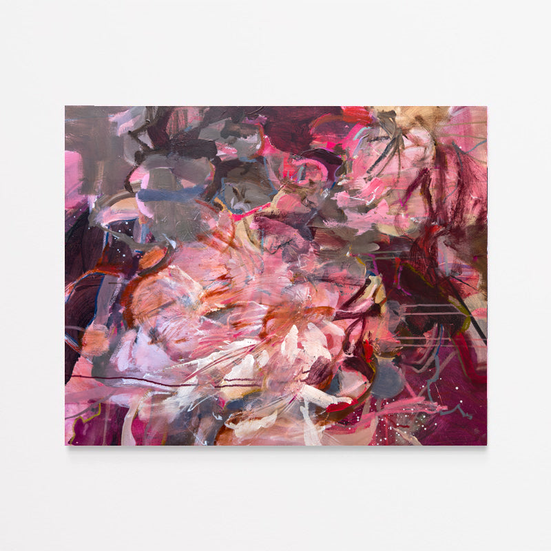 What If We Bloomed Forever? by Anna Rolskaya, an abstract acrylic painting in pink, burgundy, coral, grey and cream. horizontal orientation
