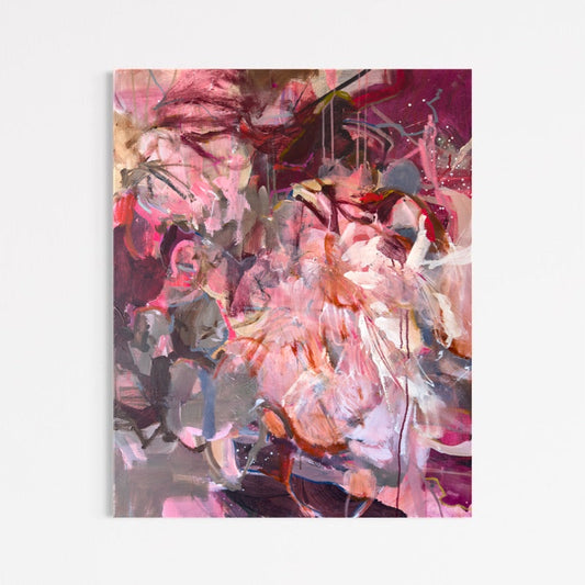 What If We Bloomed Forever? by Anna Rolskaya, an abstract acrylic painting in pink, burgundy, coral, grey and cream.