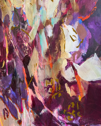 Detail of layered acrylic, oil pastel marks and overlapping violet, green and cream forms in What Neither Could Reach Alone.