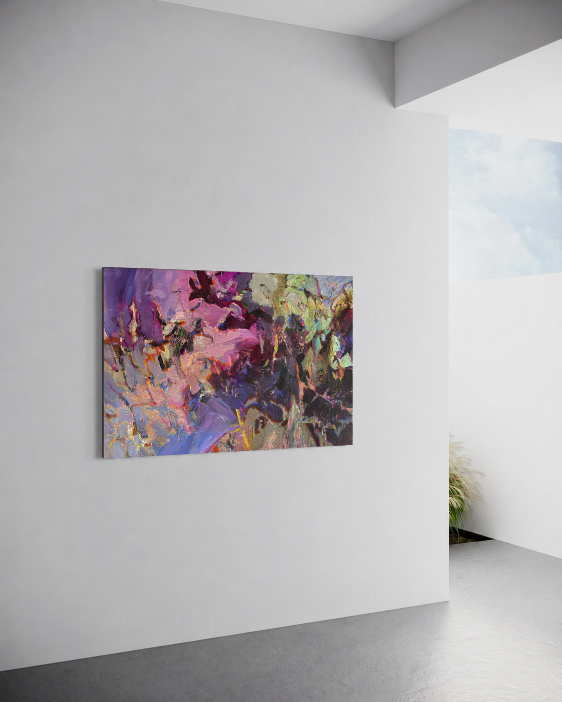 What Neither Could Reach Alone by Anna Rolskaya displayed in a contemporary interior to show the large painting’s scale.