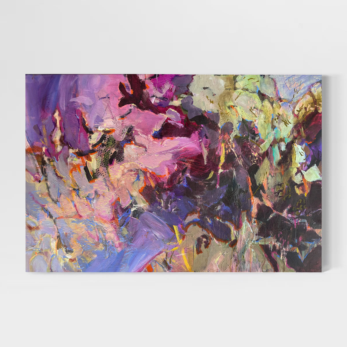 What Neither Could Reach Alone by Anna Rolskaya, a large abstract painting in violet, pink, green, turquoise and charcoal.